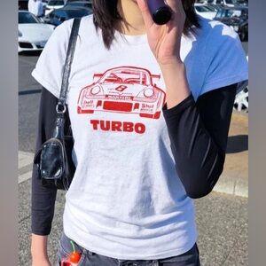 Brandy Melville Hailie Turbo Porsche Red Car Heather Gray Graphic T-Shirt